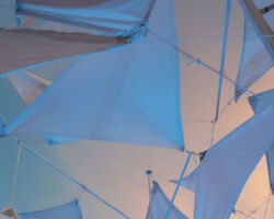 Negative space frames the clouds with the canopy.