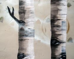 Detail of the aspen collage with newspapers and paint texture.